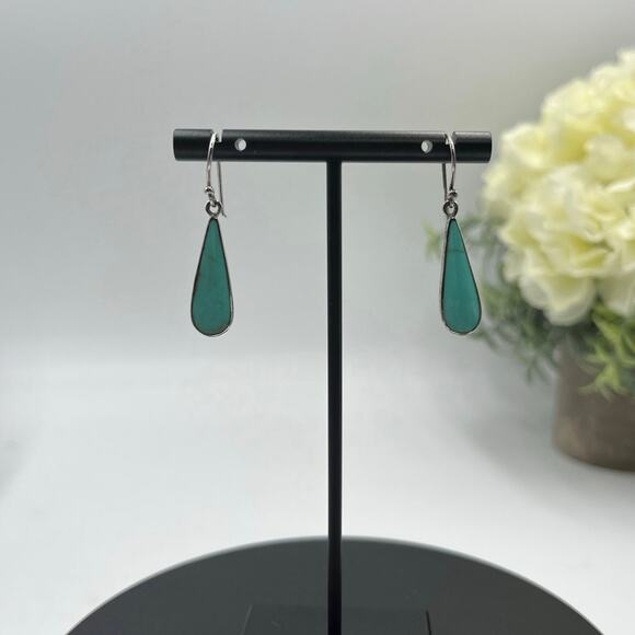 ATI Signed Vintage Sterling Silver Inlay Turquoise Teardrop Dangle Earrings - Picture 2 of 8